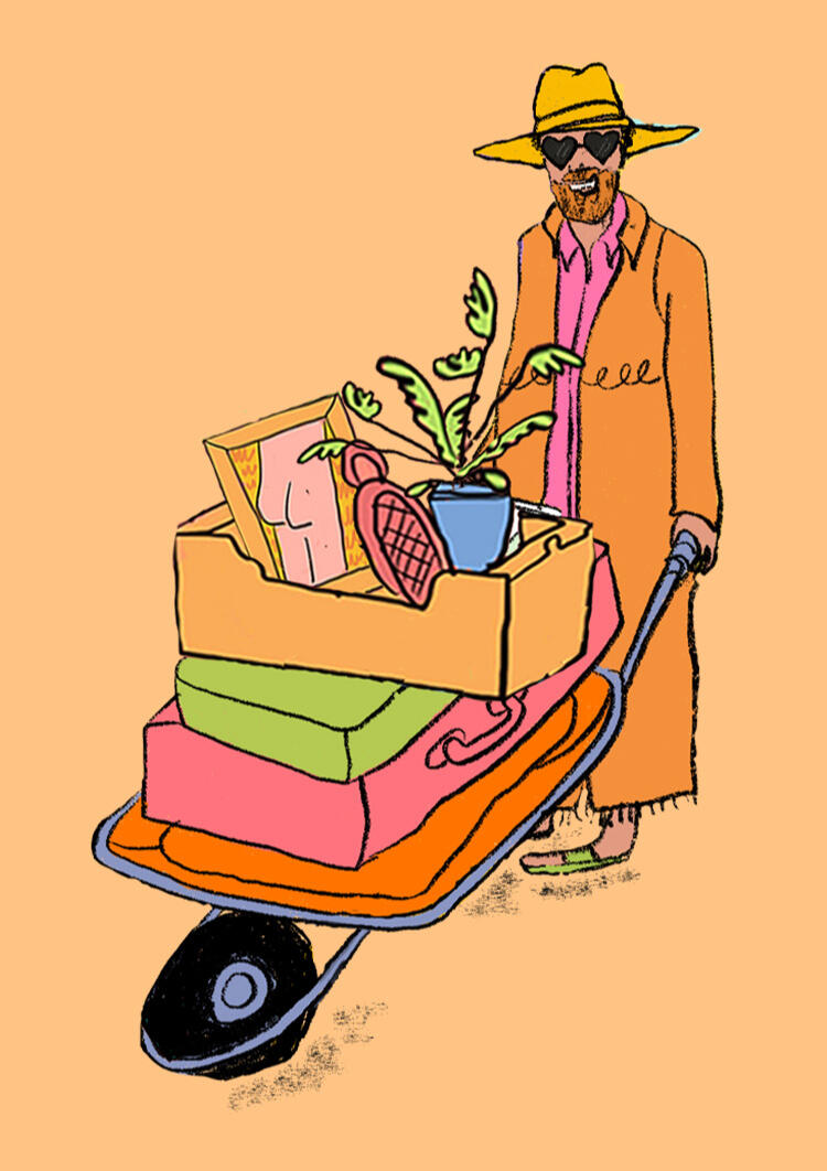 Car boot man with wheelbarrow